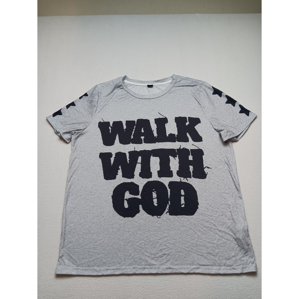 Walk With God Mens L Gray Graphic T-Shirt Star Sleeve Christian Faith Tee